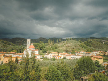 Houses by trees against sky