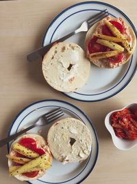 High angle view of breakfast served on table