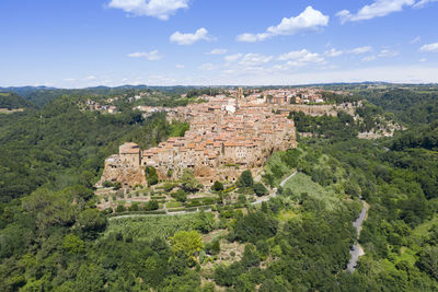 Aerial view of the medieval town of pitigliano in the province of grosseto on the hills