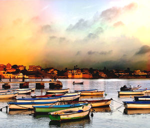 Boats moored in marina at sunset