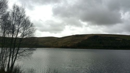 Scenic view of lake against cloudy sky