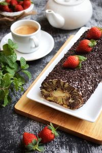 High angle view of dessert in plate on table