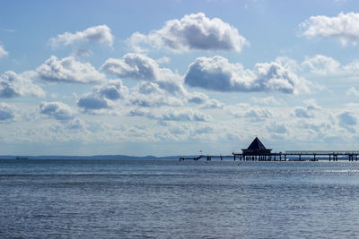 Scenic view of sea by building against sky