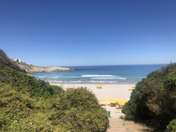 Scenic view of sea against clear blue sky