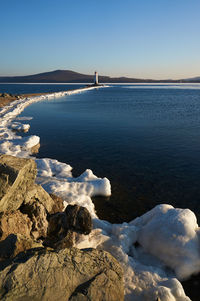 Scenic view of sea against clear sky during winter