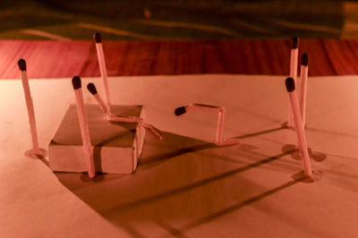 High angle view of chairs on table at home