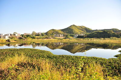 Scenic view of lake against clear sky