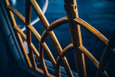 Close-up of metal fence by sea