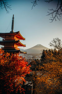 Traditional building by mountains against sky