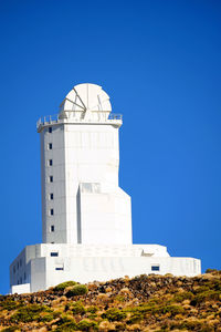 Low angle view of built structure against clear blue sky