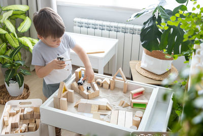 High angle view of man working at home