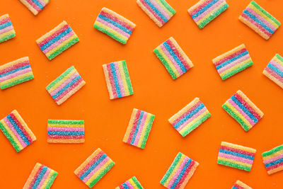 High angle view of colorful sweet food on table