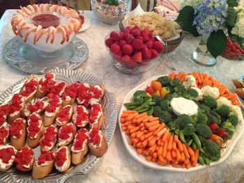 High angle view of strawberries in plate on table