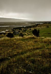 Scenic view of landscape and sea against sky