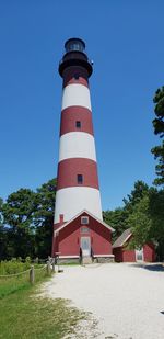 Low angle view of lighthouse by building against clear sky