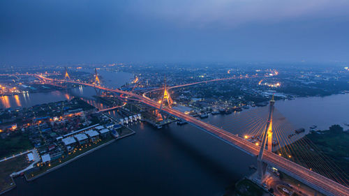 High angle view of illuminated city at night