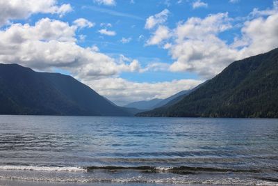 Scenic view of sea and mountains against sky, lake wenatchee 
