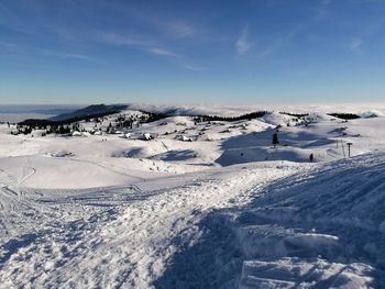 Scenic view of snow covered mountains against sky