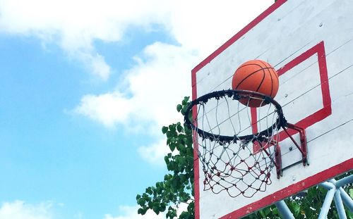 Low angle view of basketball hoop against sky