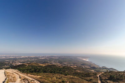 Aerial view of city against clear blue sky