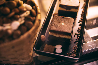 Close-up of chocolate cake in basket