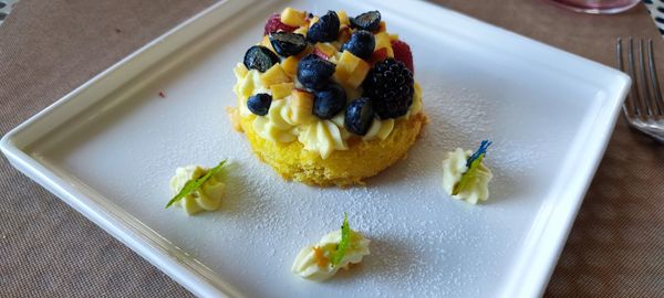 High angle view of dessert in plate on table