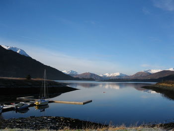 Scenic view of lake against blue sky