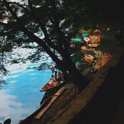 High angle view of trees by sea