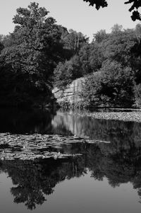 Reflection of trees in lake against sky