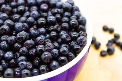 Blueberries in a rounded bowl on a wooden table