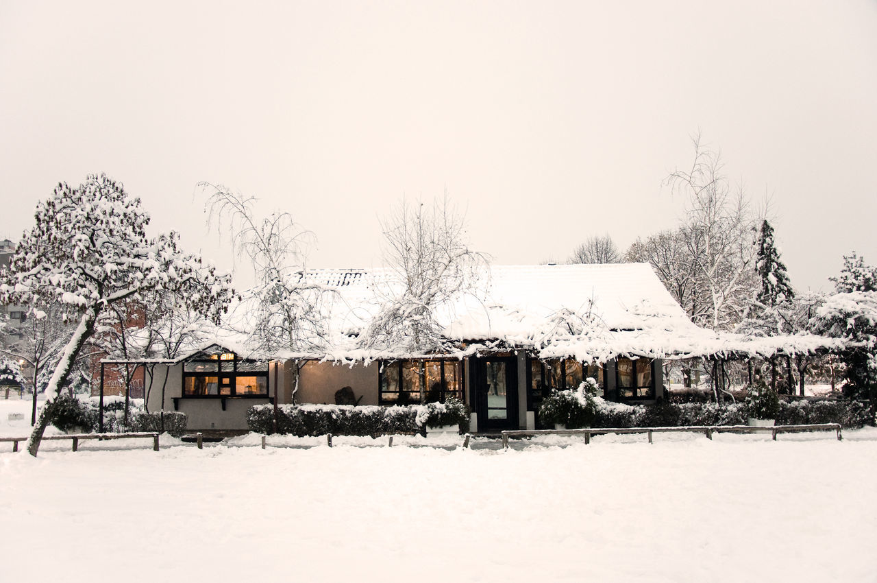 snow, winter, cold temperature, tree, nature, architecture, sky, plant, built structure, building exterior, building, no people, frozen, day, house, environment, outdoors, land, scenics - nature, landscape, white, hut, blizzard