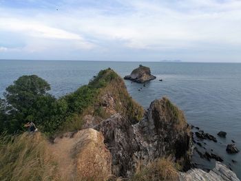 High angle view of sea shore against sky