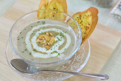 High angle view of soup in bowl on table