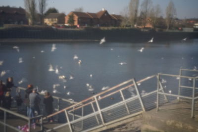 High angle view of people in city