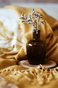 Flowers in vase on bed at home