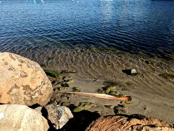 High angle view of rocks on beach