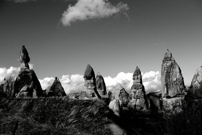 Panoramic shot of rocks on field against sky