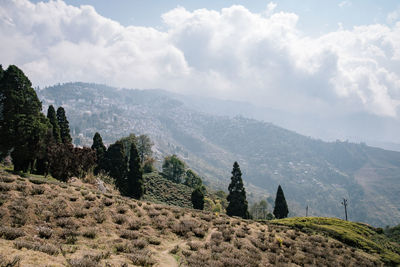 Panoramic view of landscape and mountains against sky