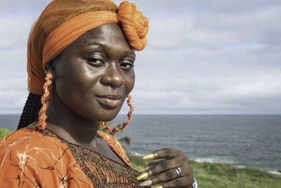 African woman from ghana stands at a vantage point in takoradi ghana west africa