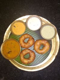 High angle view of food in plate on table