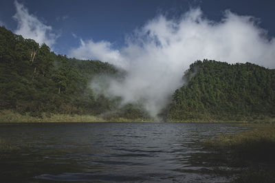 Scenic view of waterfall against sky