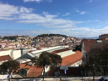 High angle shot of townscape against sky