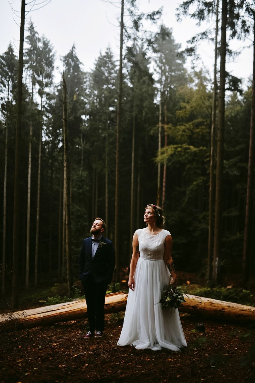 tree, wedding, plant, women, real people, forest, celebration, bride, newlywed, event, adult, lifestyles, wedding dress, full length, land, married, togetherness, nature, love, bridegroom, couple - relationship, positive emotion, woodland, outdoors