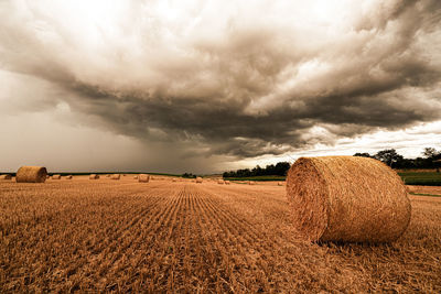 Hay bales on field against sky