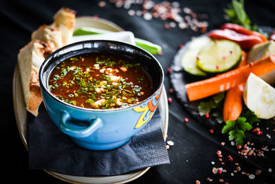 High angle view of food in bowl on table