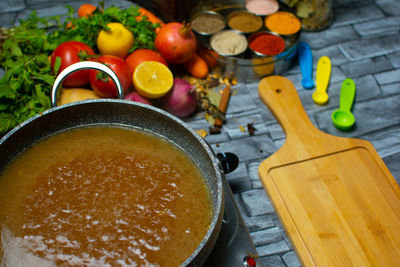 High angle view of soup in bowl on table