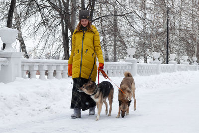 Woman walking with dogs on snow covered street