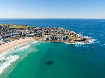 Drone view of bondi beach and north bondi, a famous beach in sydney, new south wales, australia.