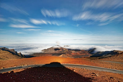 Wide volcanic landscape with lava fields in different colors, wide view, hawaii, maui, haleakala