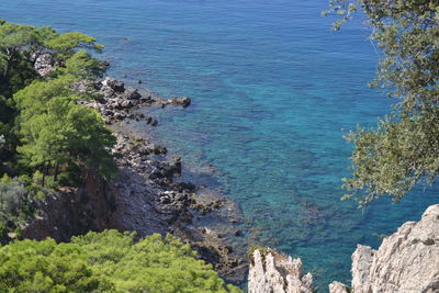 High angle view of rocks by sea